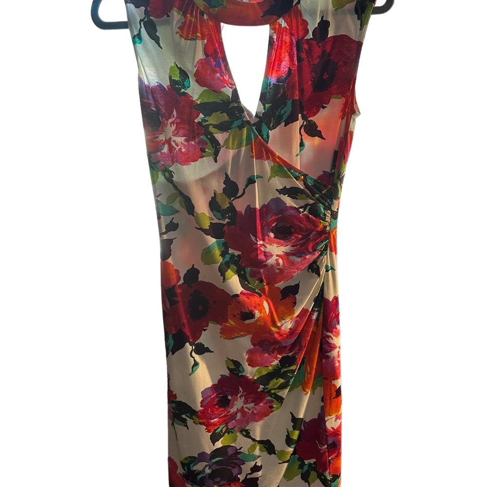 Cache Vibrant Floral Gorgeous oversized flowers Ruched Waist Dress Size Med
